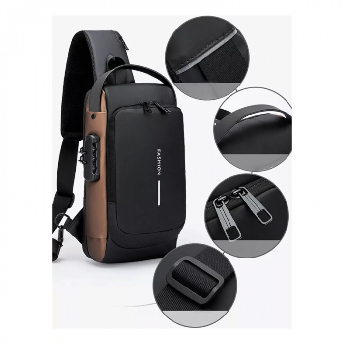 Morral Antirrobo Oxford Negro con Bronce