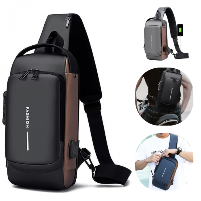 Morral Antirrobo Oxford Negro con Bronce